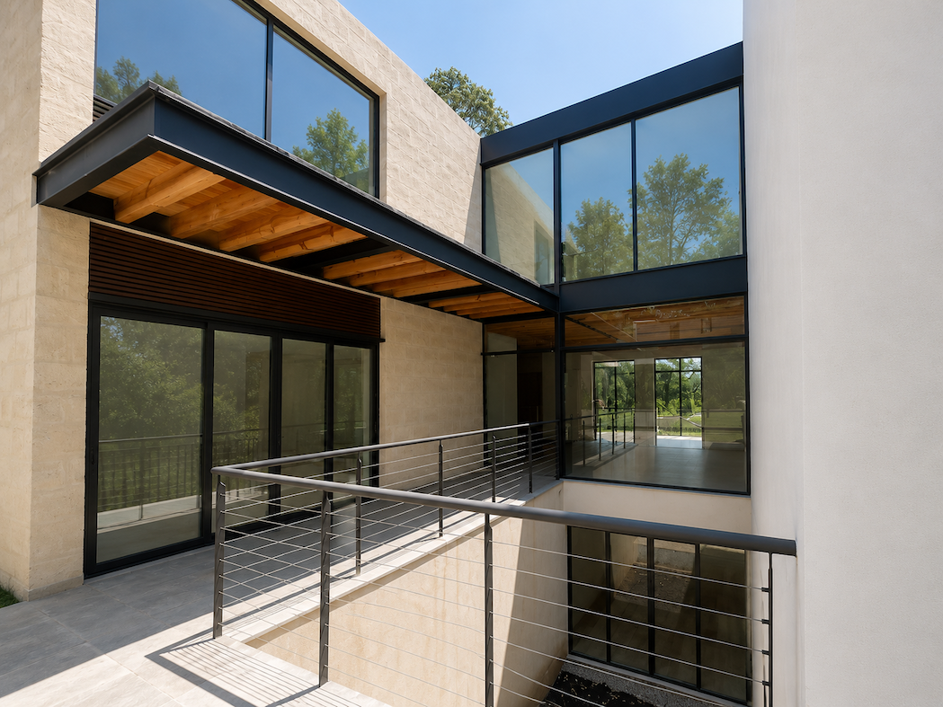 Fachada lateral con grandes ventanales