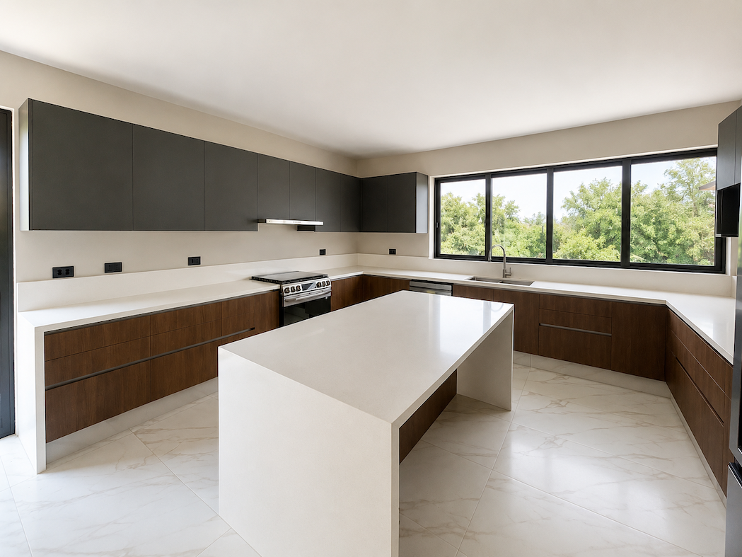 Cocina principal con isla y vista al jardín